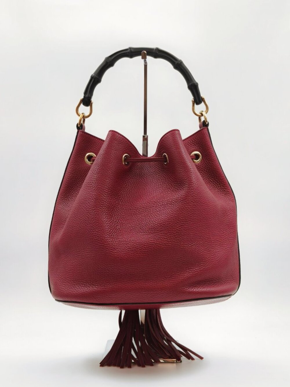Gucci Bamboo Daily Pebbled Leather Bucket Bag Bordeaux Red Tassel Shoulder Bag - Picture 2 of 16